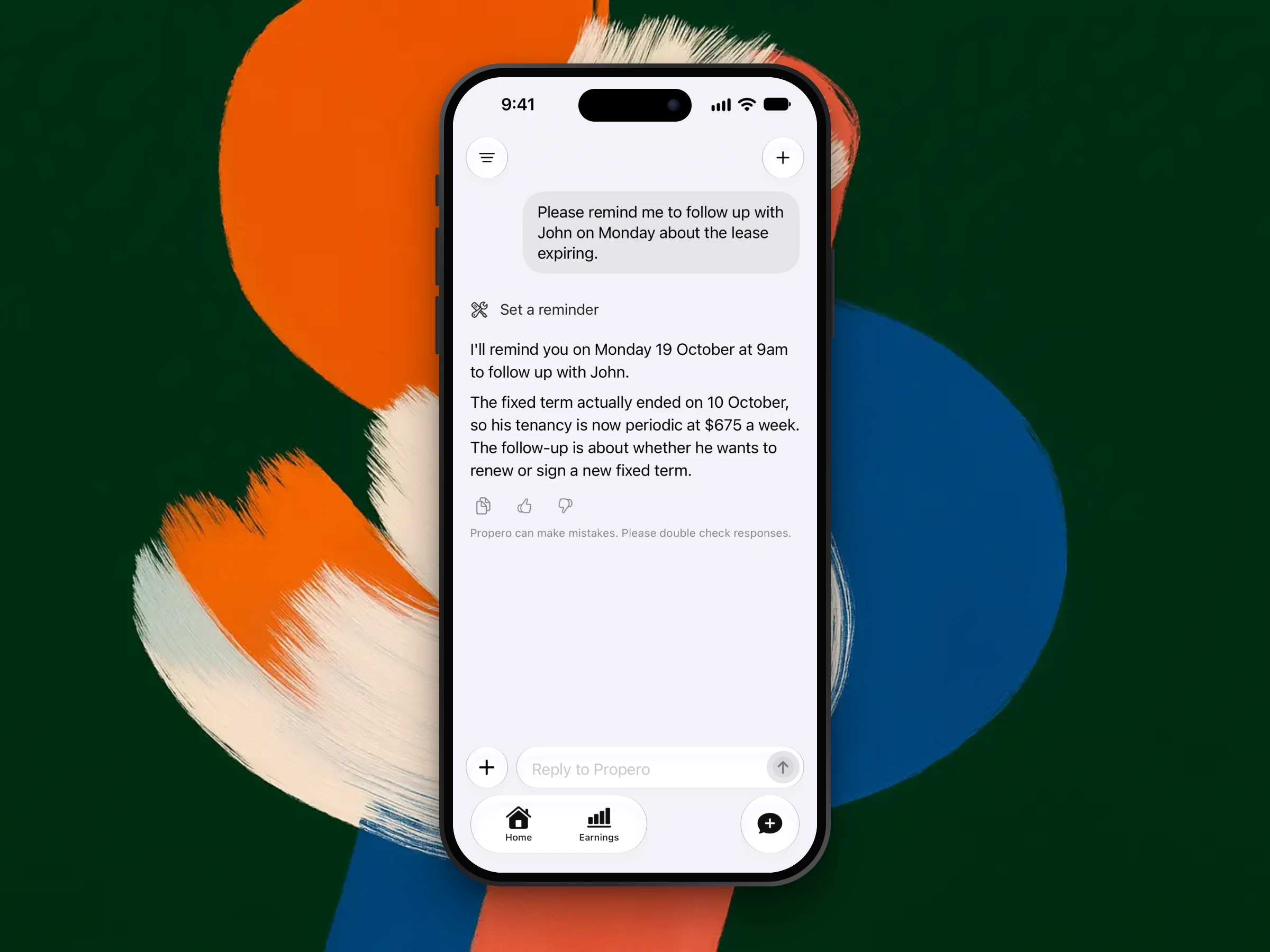 Propero Chat setting a reminder to follow up with a tenant on Monday, and noting the lease is now periodic