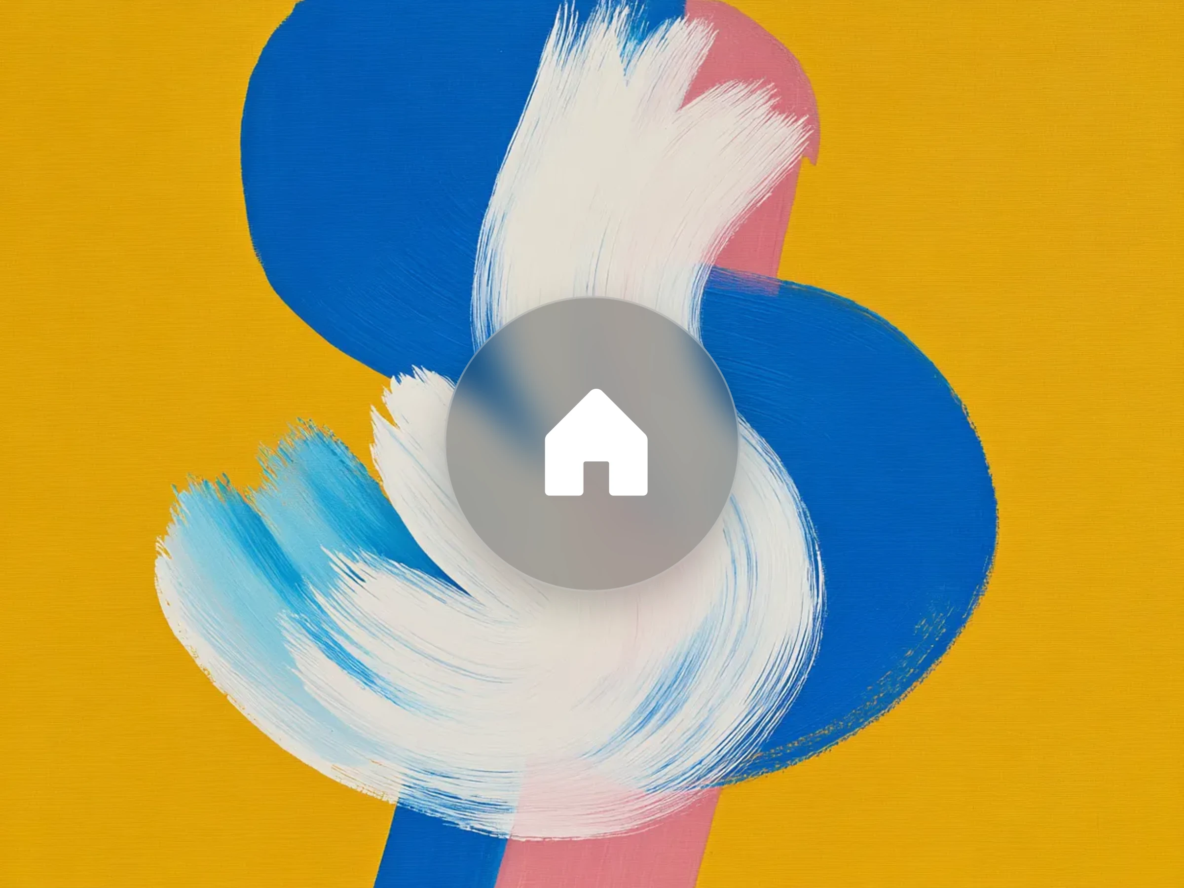 A white house in a glass circle on a painted yellow, blue and cream background