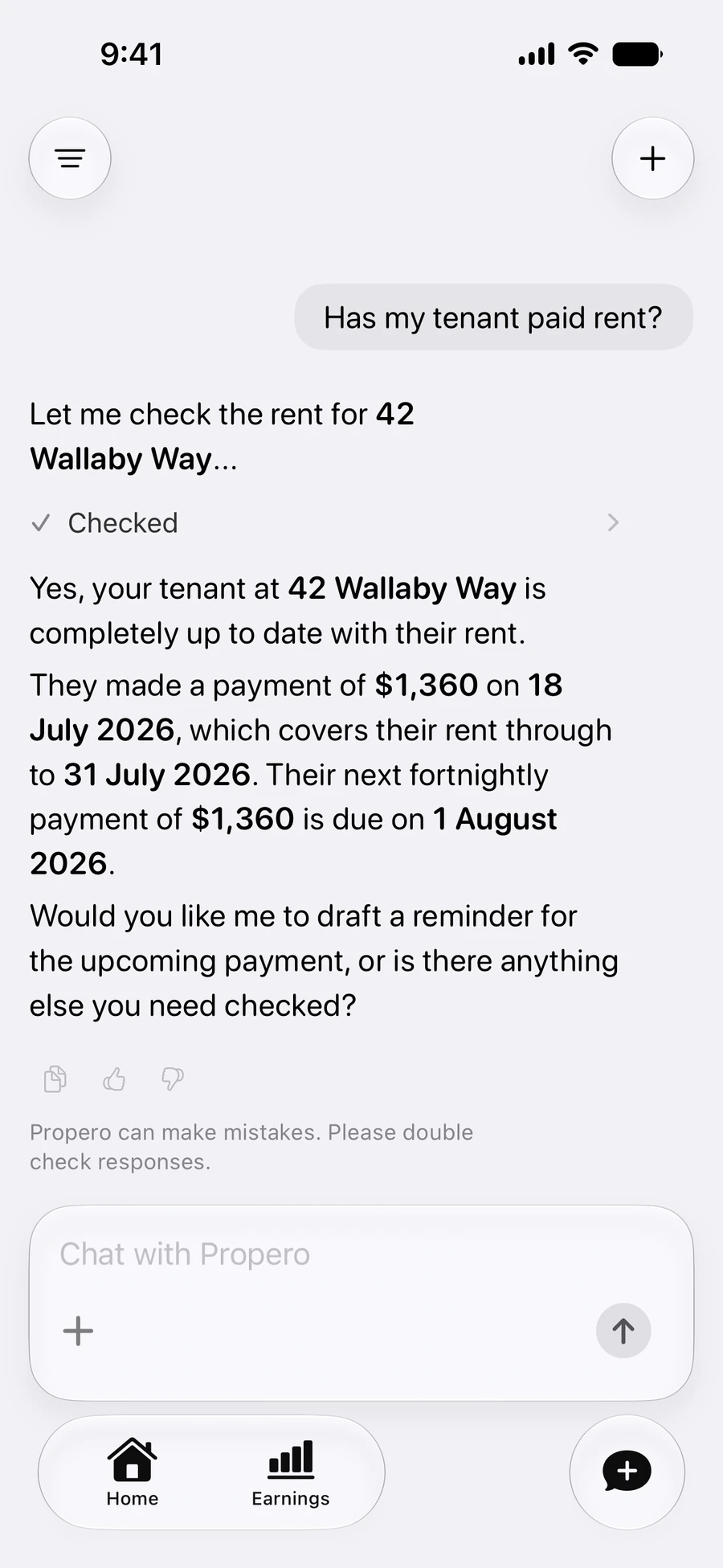 Propero Chat confirming the tenant at 42 Wallaby Way is up to date with rent