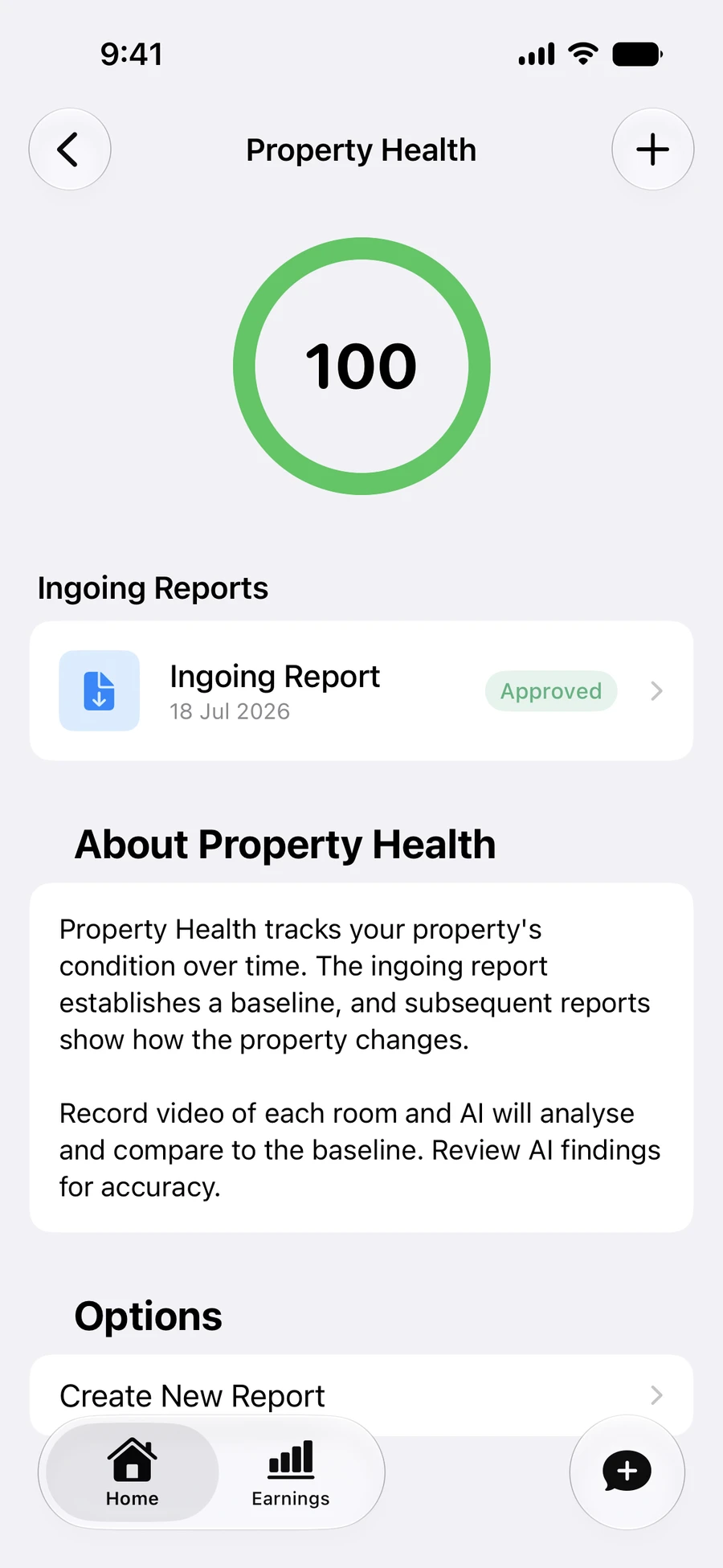 Property Health screen showing a score of 100 and an approved ingoing report
