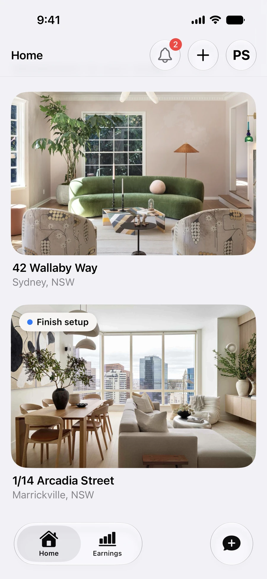 Propero Home screen with two properties, 42 Wallaby Way in Sydney and 1/14 Arcadia Street in Marrickville