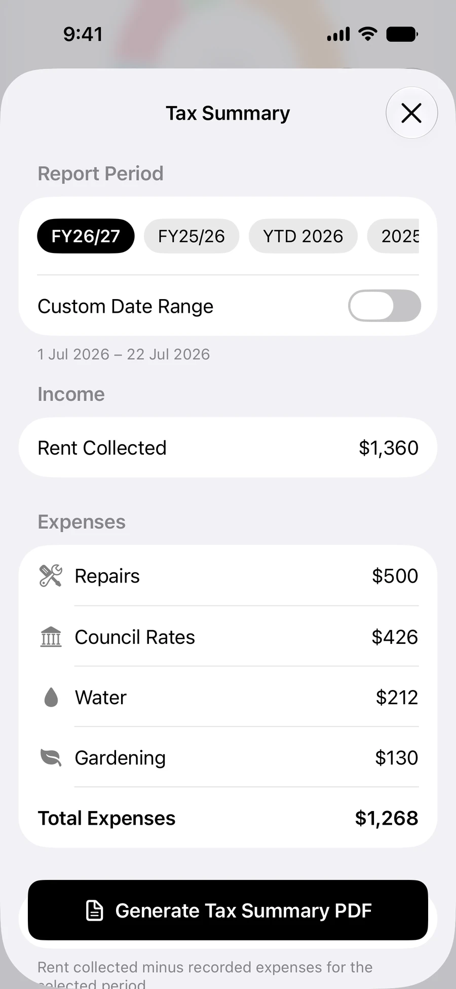 Tax Summary for FY26/27 with rent collected and expenses by category